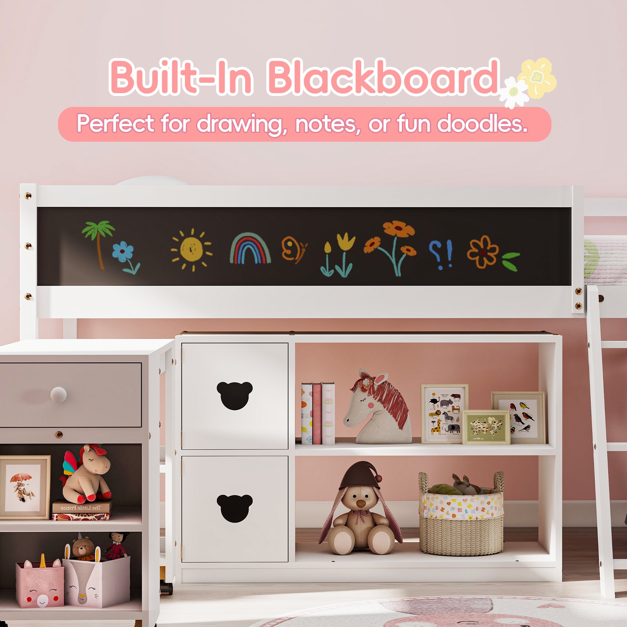 Joywind Twin Low Loft Bed with Storage & Desk for Kids Teens, Solid Wood Bed Frame