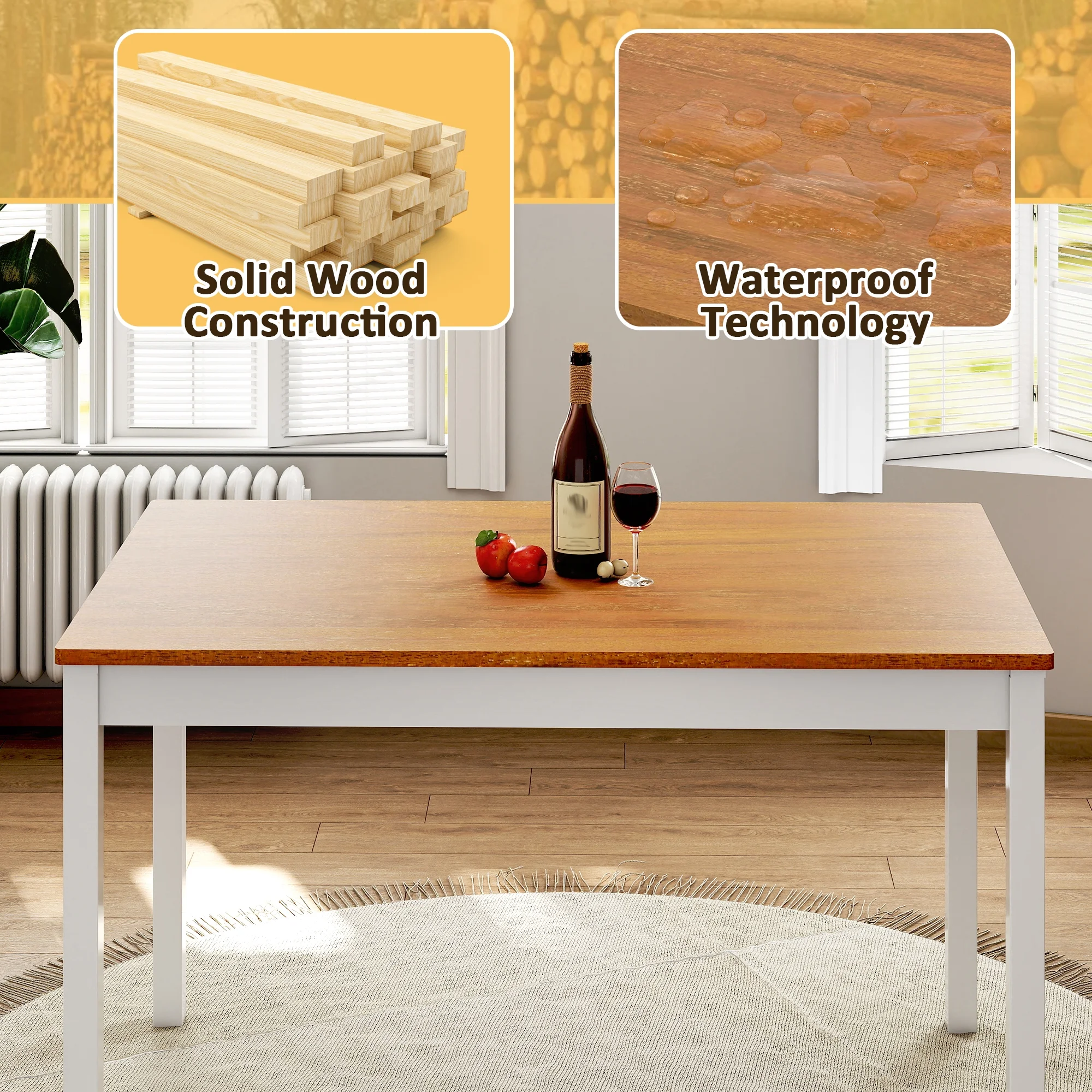 Joywind 5-Piece Solid Wood Dining Set – Rectangular Dining Table with 4 Chairs, Modern Brown Design for Kitchen, Dining Room & Restaurant