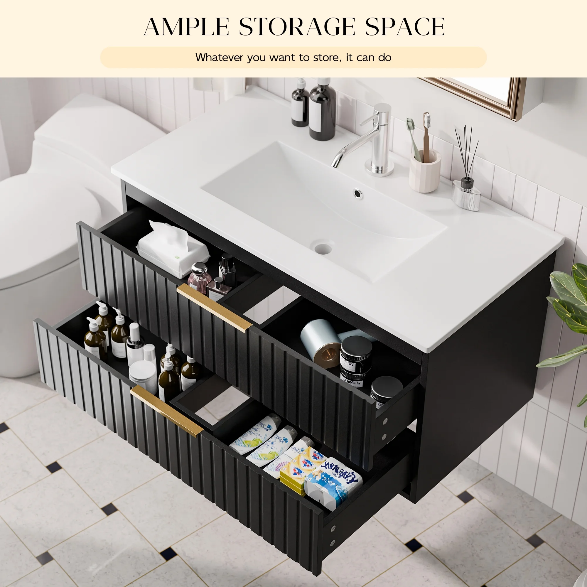 36-inch Floating Bathroom Vanity with Sink Combo, Complete Set with 4 Big Drawers and Modern Metal Handles for Ample Storage