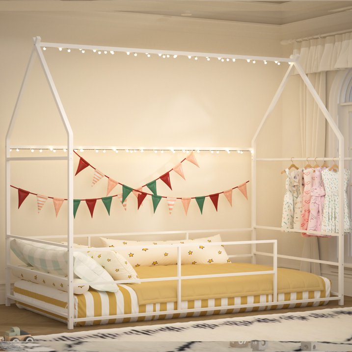 Joywind Metal Twin Floor House Bed with Headboard, Footboard & Guardrails - Montessori Style Bed Frame with Hanging Bar for Boys, Girls