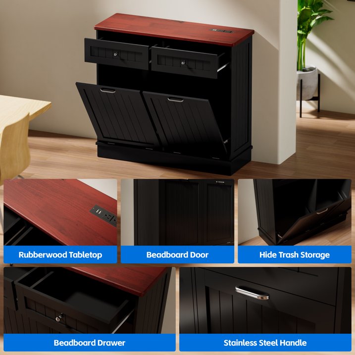 Joywind Double Tilt Out Trash Cabinet, Wooden Free Standing Recycling Bin, 20 Gallon