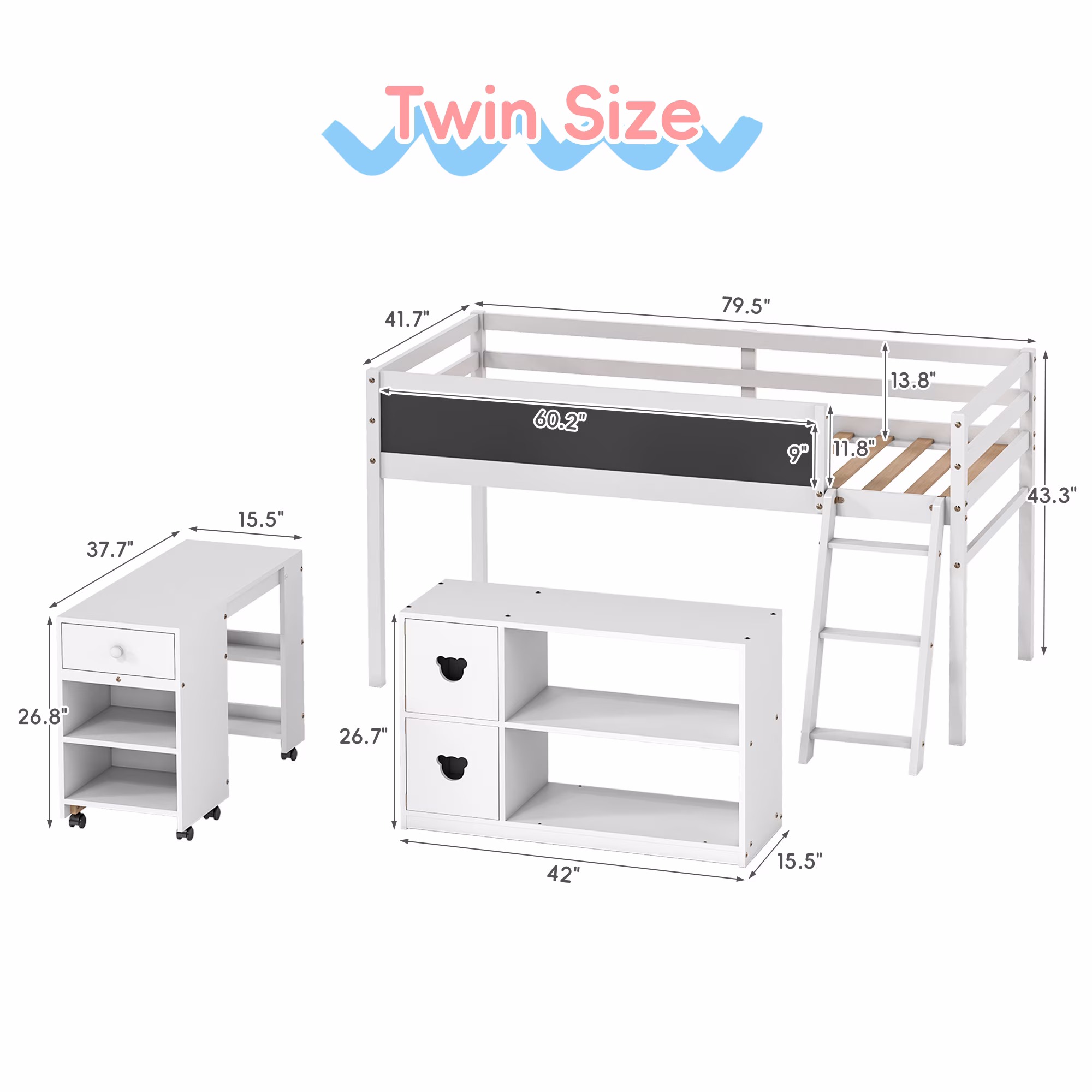Joywind Twin Low Loft Bed with Storage & Desk for Kids Teens, Solid Wood Bed Frame