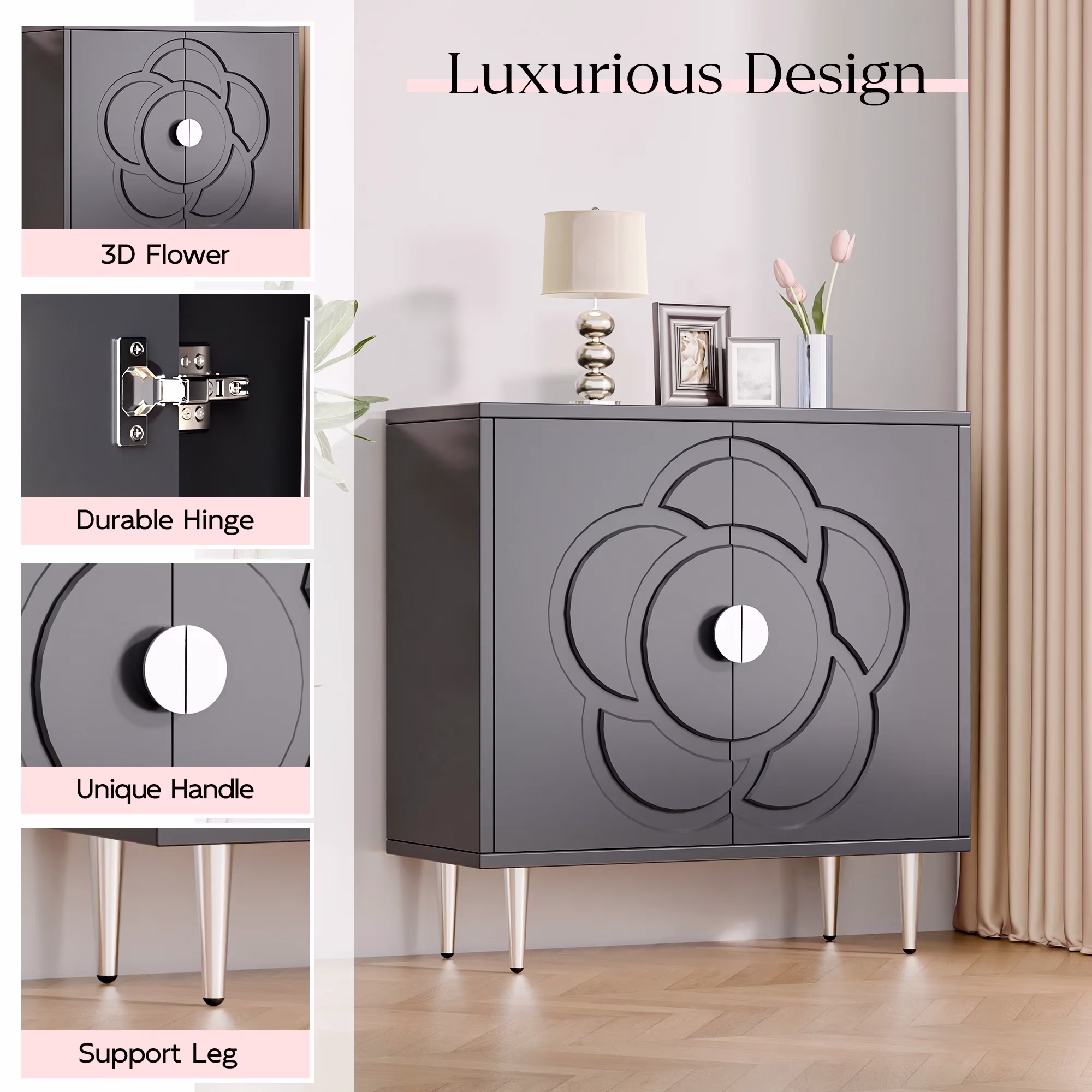 Joywind Floral Accent Cabinet with 2 Doors, Storage Sideboard Cabinet with Adjustable Shelves, Buffet Cabinet for Hallway, Living Room, Kitchen, Gray