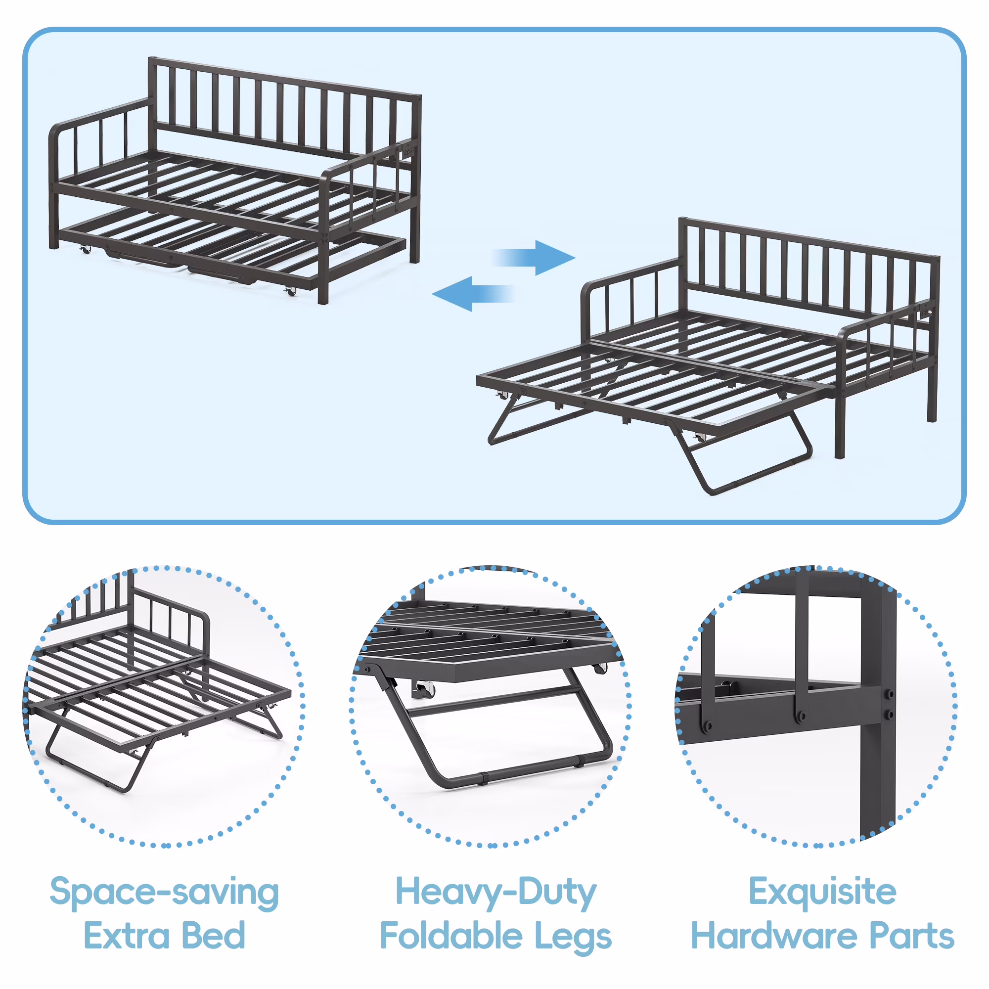 Joywind Twin Daybed with Trundle, Metal Bed Frame with LED Lights, Charging Station & Pop-Up Trundle for Living Room, Bedroom or Guest Room, Black