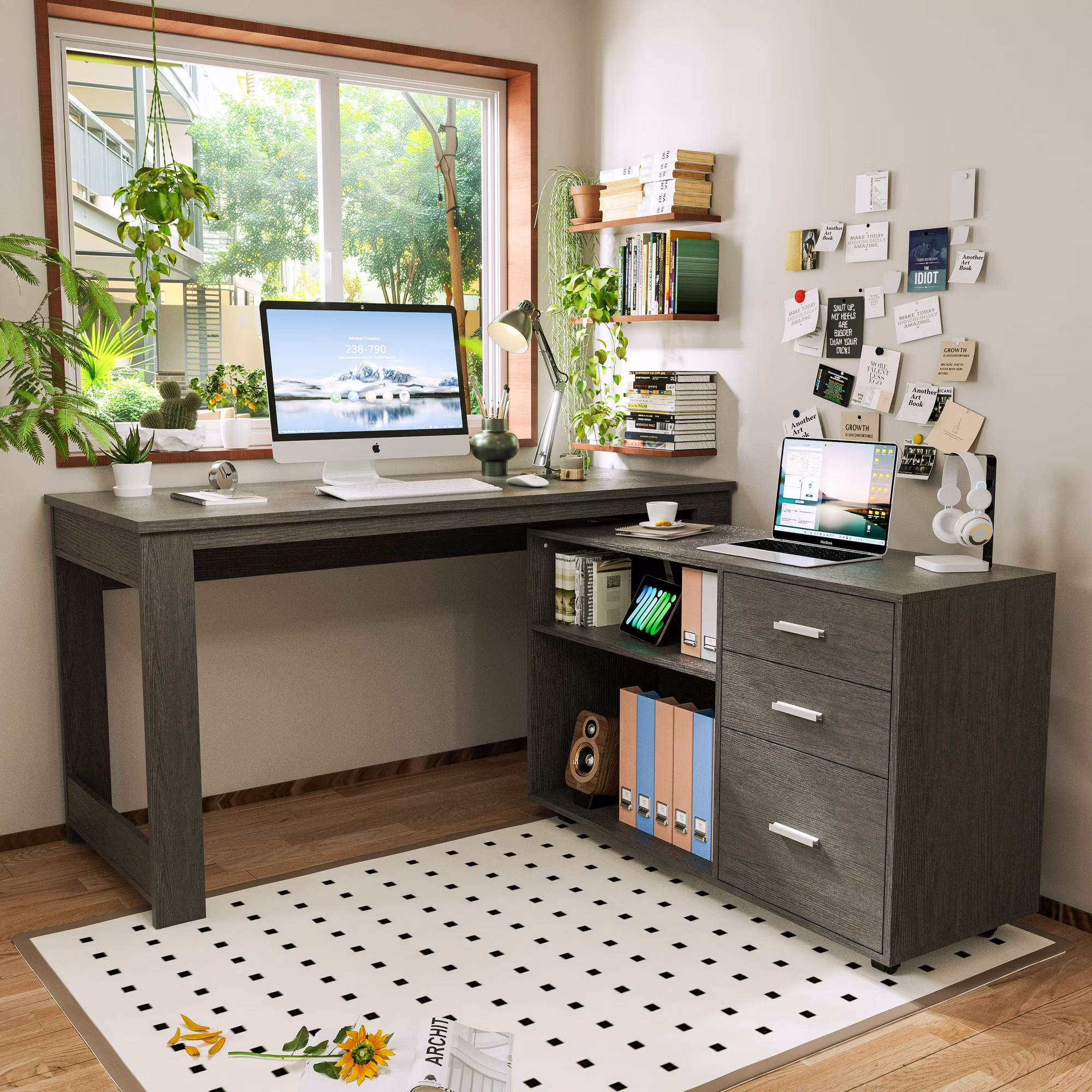 Joywind 55" L Shaped Corner Office Desk with File Cabinet & Wheels – 3 Drawers, 2 Shelves, Home Office Computer Desk with Storage, Gray
