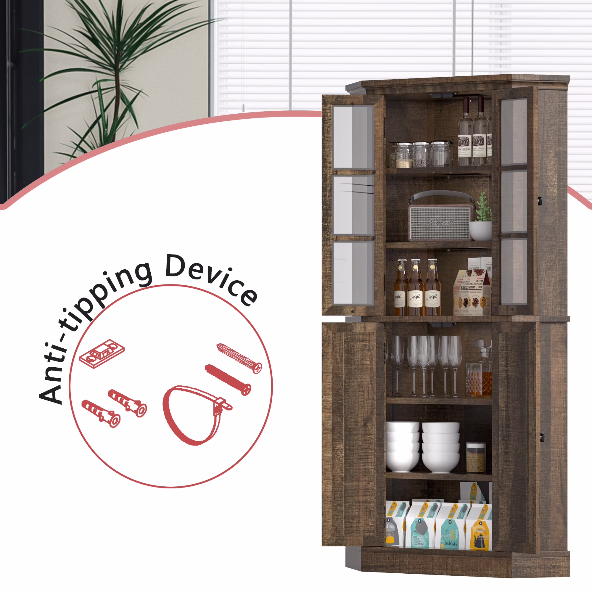 Joywind 67" Farmhouse Corner Cabinet with Doors, Tall Storage Cabinet with Adjustable Shelves for Kitchen, Dining & Living Room, Rustic Brown