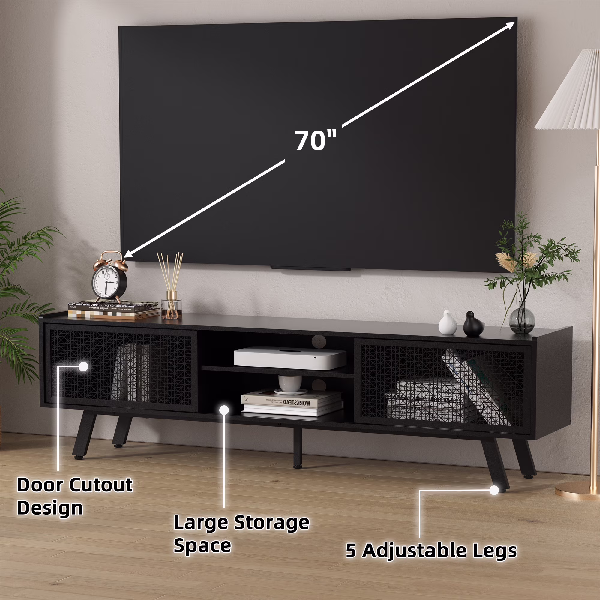 Joywind Modern TV Stand for TVs up to 70", Black Iron Rattan Entertainment Centre with Sliding Door, TV Console Table with Storage and Adjustable Shelves for Living Room, Bedroom