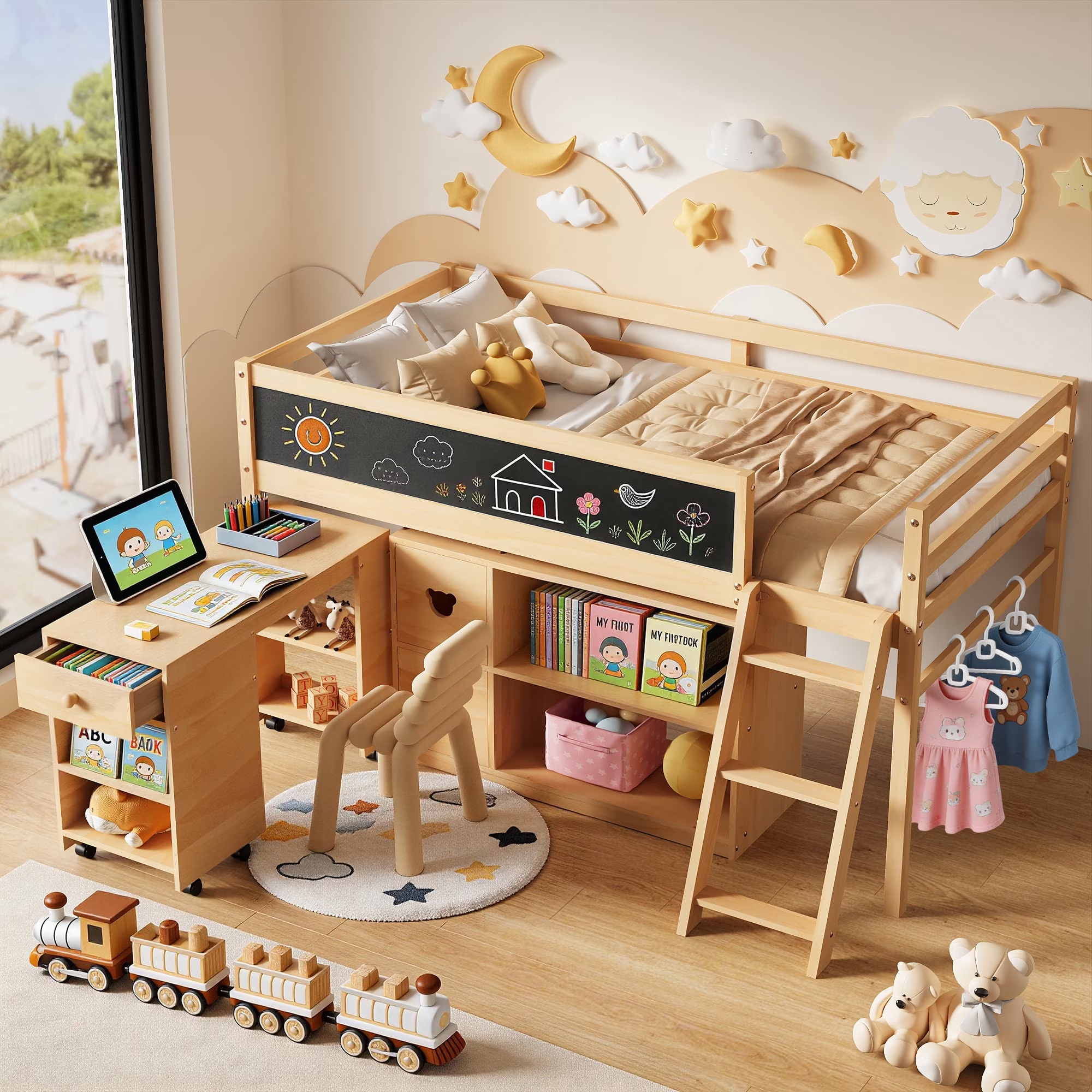 Joywind Twin Low Loft Bed with Storage & Desk for Kids Teens, Solid Wood Bed Frame