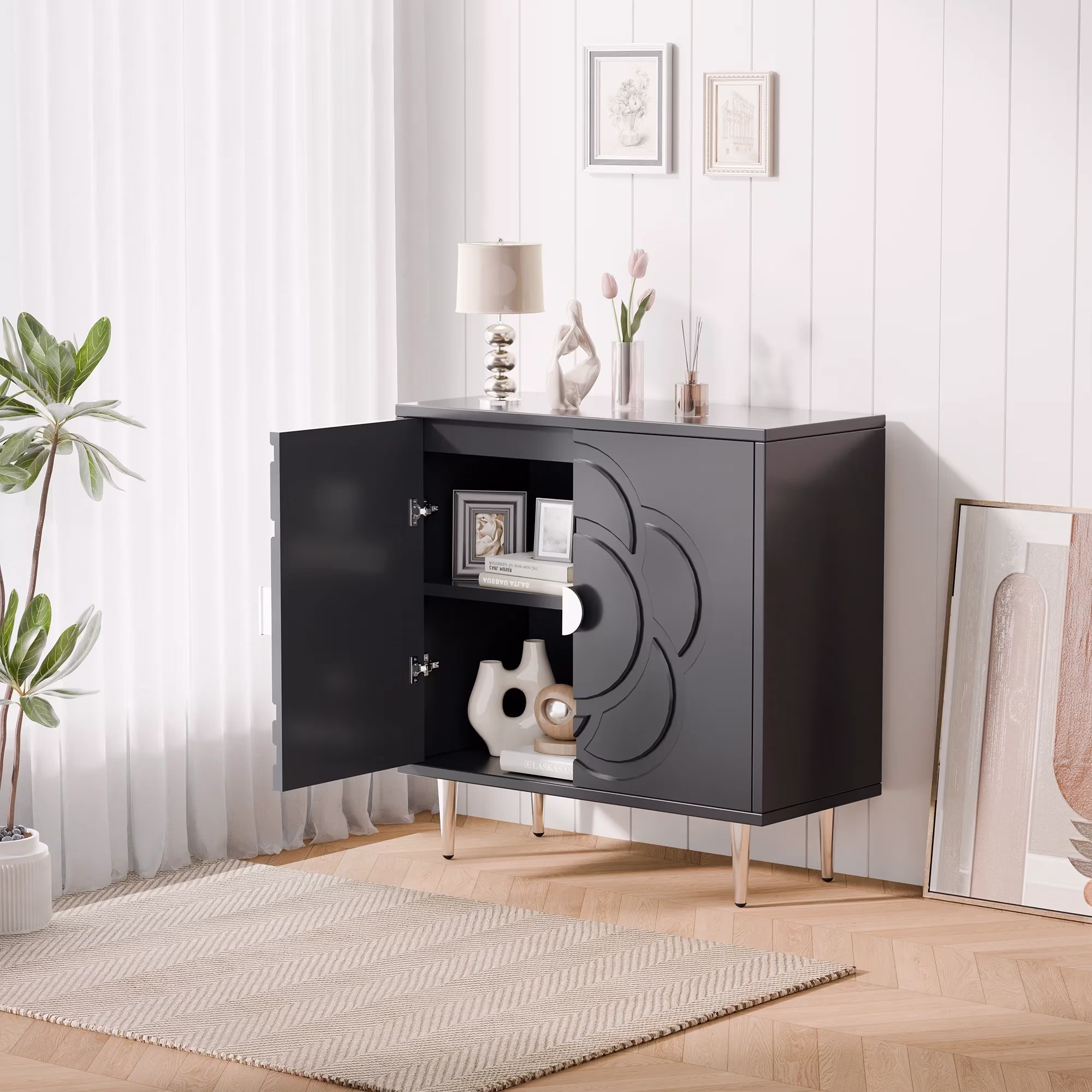 Joywind Floral Accent Cabinet with 2 Doors, Storage Sideboard Cabinet with Adjustable Shelves, Buffet Cabinet for Hallway, Living Room, Kitchen, Gray
