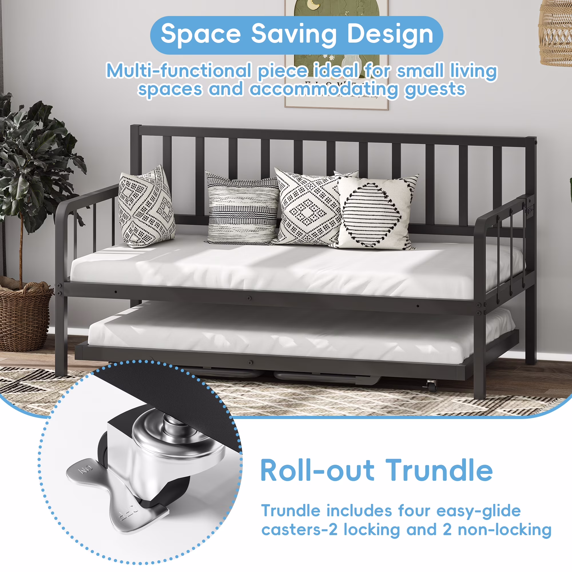Joywind Twin Daybed with Trundle, Metal Bed Frame with LED Lights, Charging Station & Pop-Up Trundle for Living Room, Bedroom or Guest Room, Black