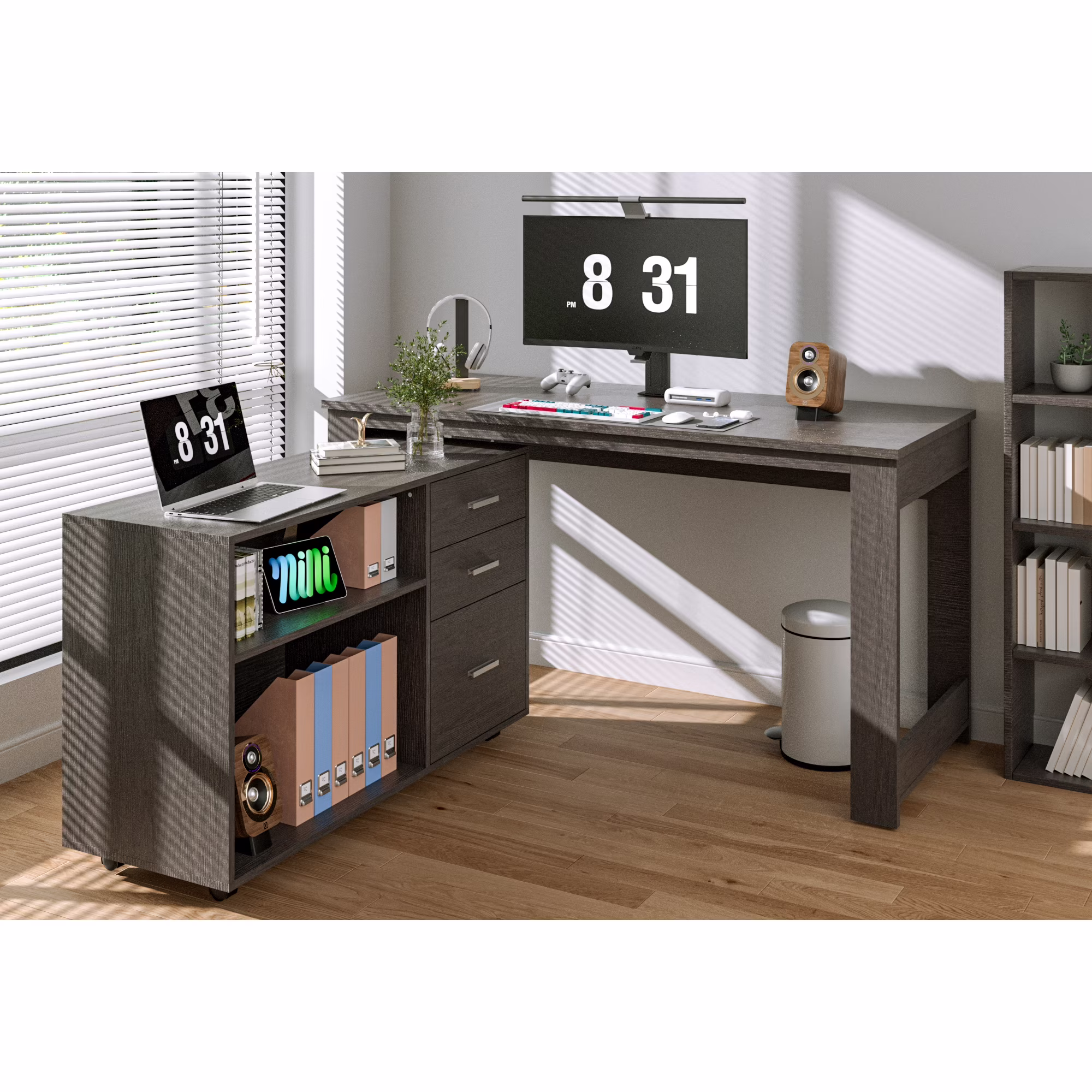 Joywind 55" L Shaped Corner Office Desk with File Cabinet & Wheels – 3 Drawers, 2 Shelves, Home Office Computer Desk with Storage, Gray