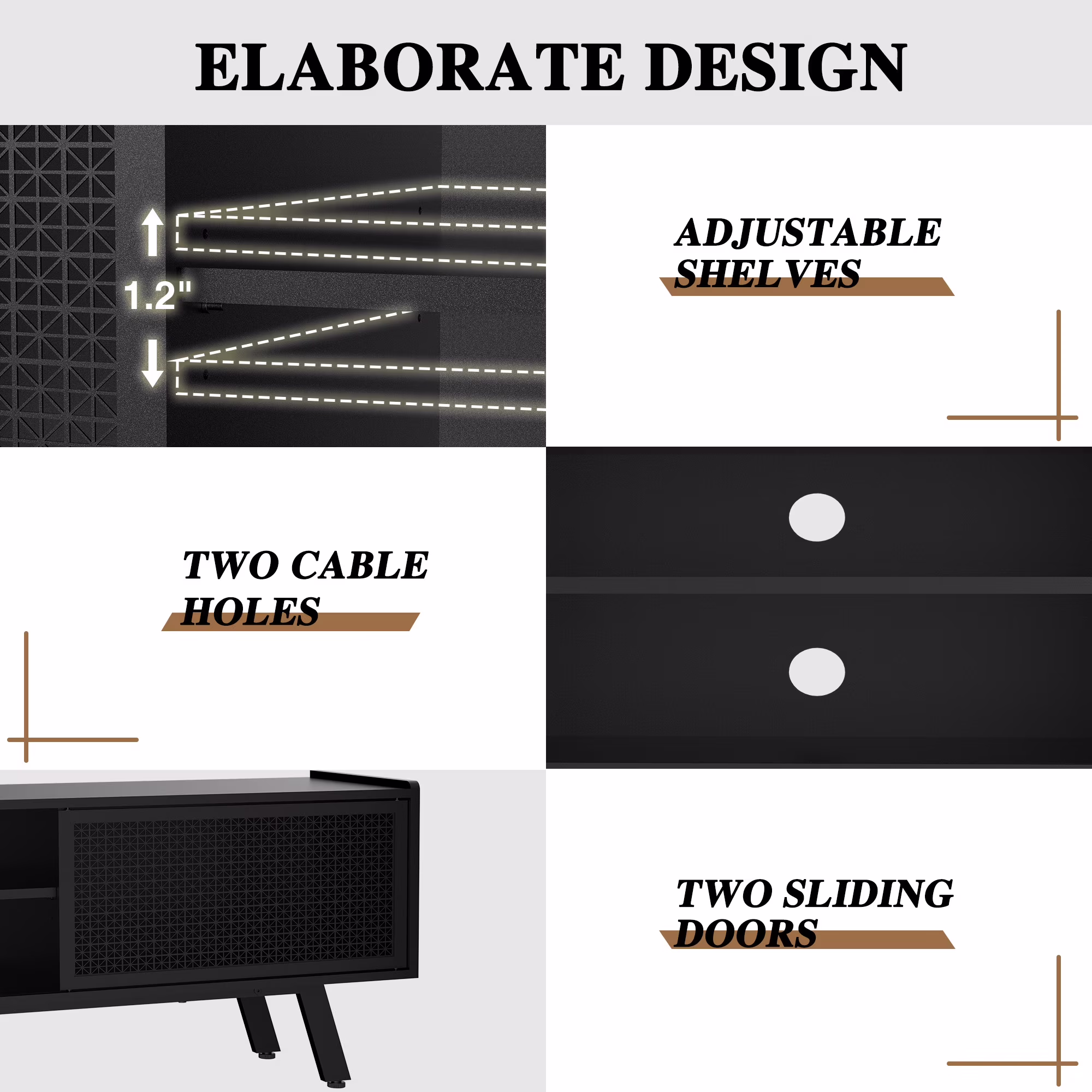 Joywind Modern TV Stand for TVs up to 70", Black Iron Rattan Entertainment Centre with Sliding Door, TV Console Table with Storage and Adjustable Shelves for Living Room, Bedroom