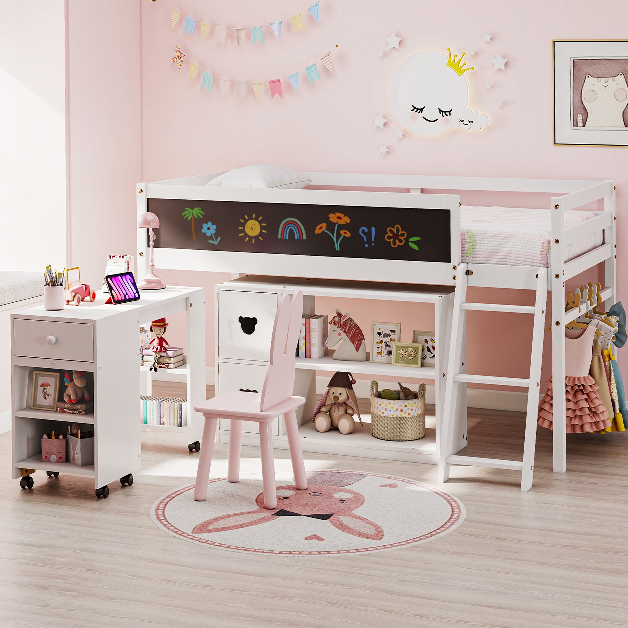 Joywind Twin Low Loft Bed with Storage & Desk for Kids Teens, Solid Wood Bed Frame
