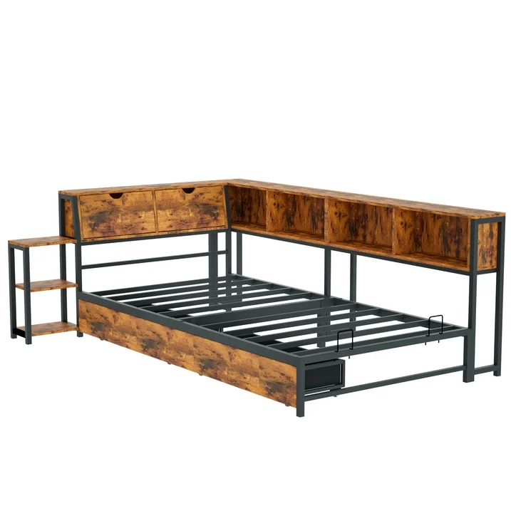 Joywind Corner Twin Bed Frame with Storage Shelves & USB Charging Station, LED Light Metal Platform Daybed with Drawers for Bedroom, Living Room, or Guest Room,