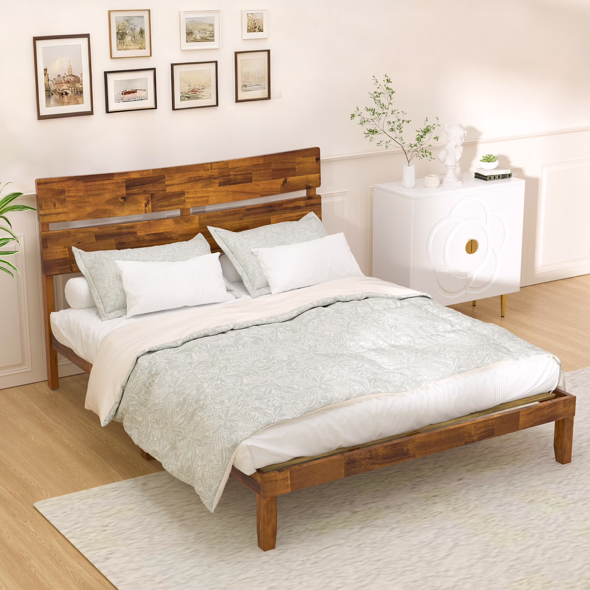 Joywind Wood Queen Bed Frame with Headboard, Wooden Platform Bed Frame Queen Size
