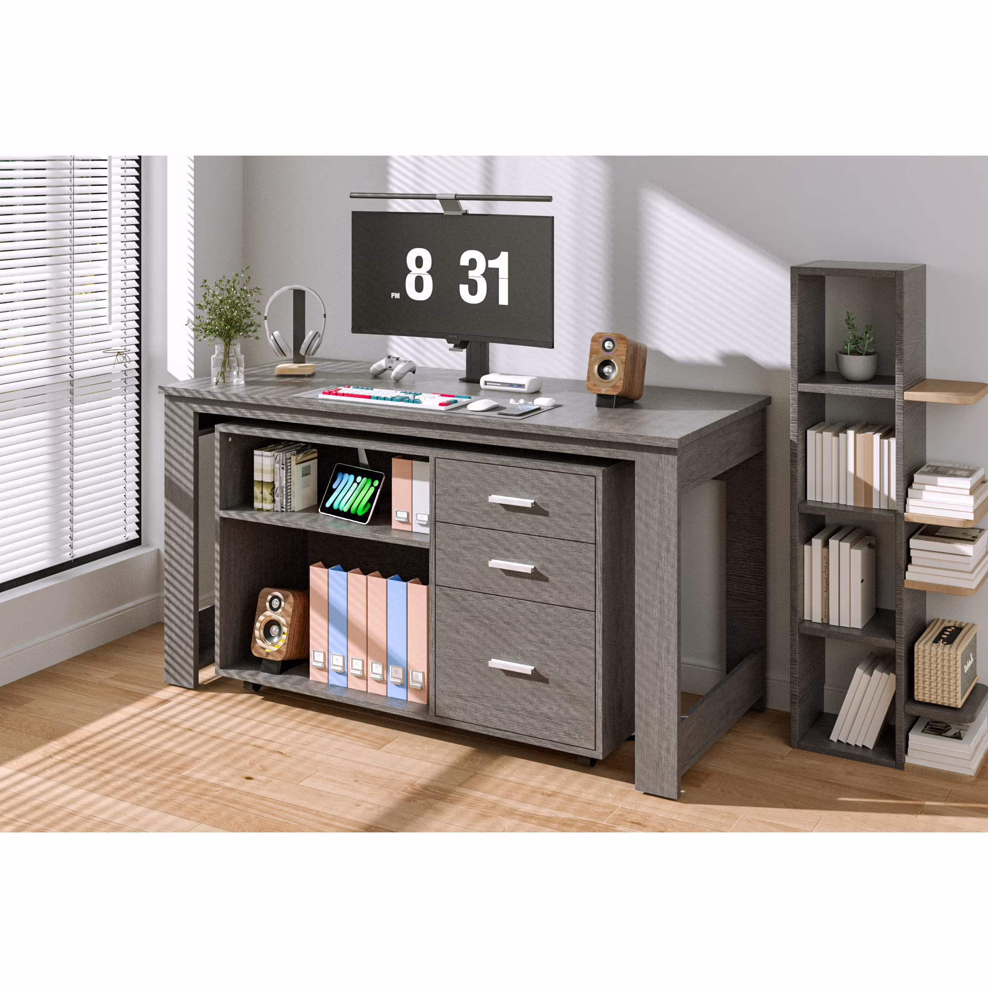 Joywind 55" L Shaped Corner Office Desk with File Cabinet & Wheels – 3 Drawers, 2 Shelves, Home Office Computer Desk with Storage, Gray