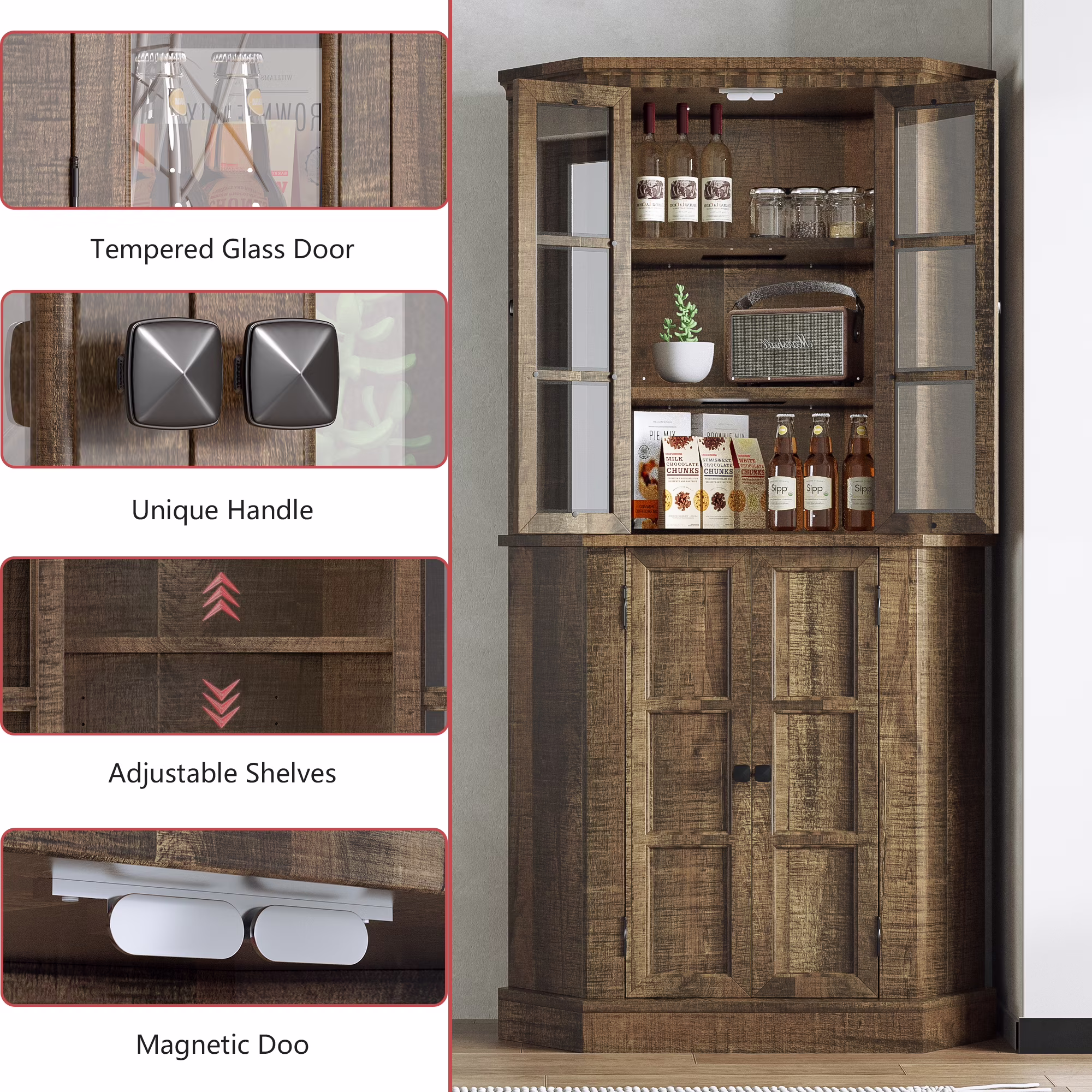 Joywind 67" Farmhouse Corner Cabinet with Doors, Tall Storage Cabinet with Adjustable Shelves for Kitchen, Dining & Living Room, Rustic Brown