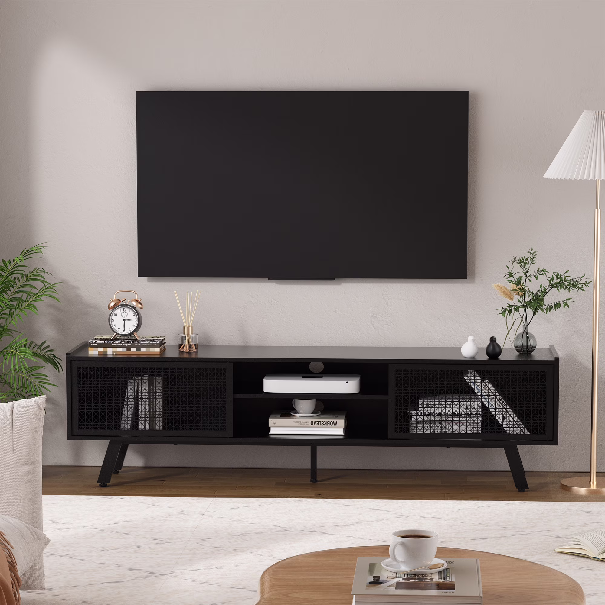 Joywind Modern TV Stand for TVs up to 70", Black Iron Rattan Entertainment Centre with Sliding Door, TV Console Table with Storage and Adjustable Shelves for Living Room, Bedroom