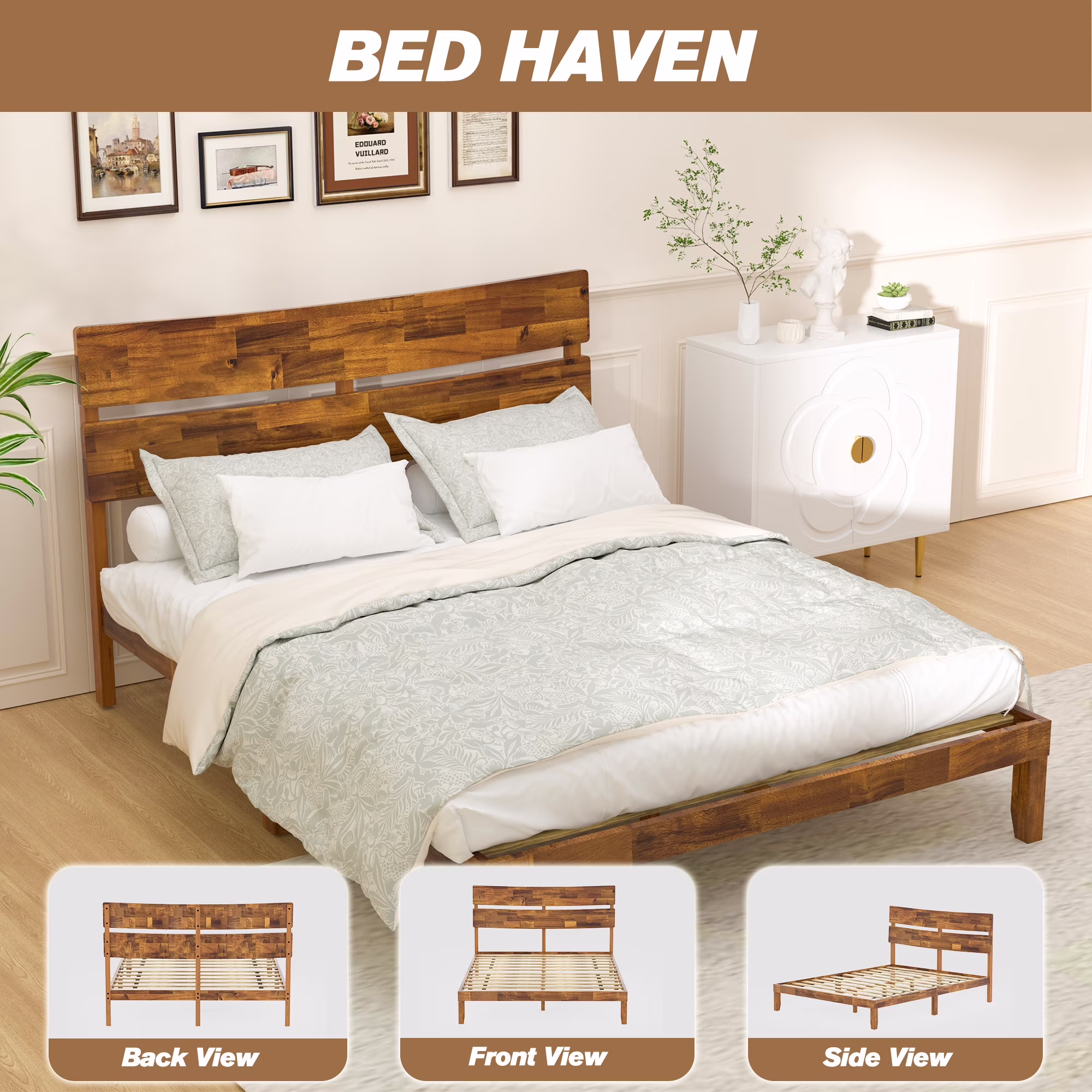 Joywind Wood Queen Bed Frame with Headboard, Wooden Platform Bed Frame Queen Size