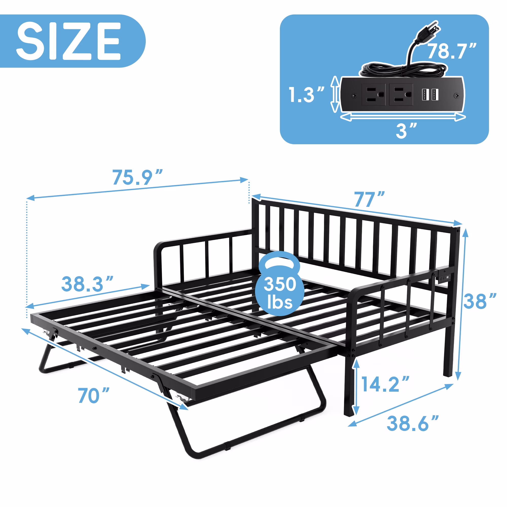 Joywind Twin Daybed with Trundle, Metal Bed Frame with LED Lights, Charging Station & Pop-Up Trundle for Living Room, Bedroom or Guest Room, Black