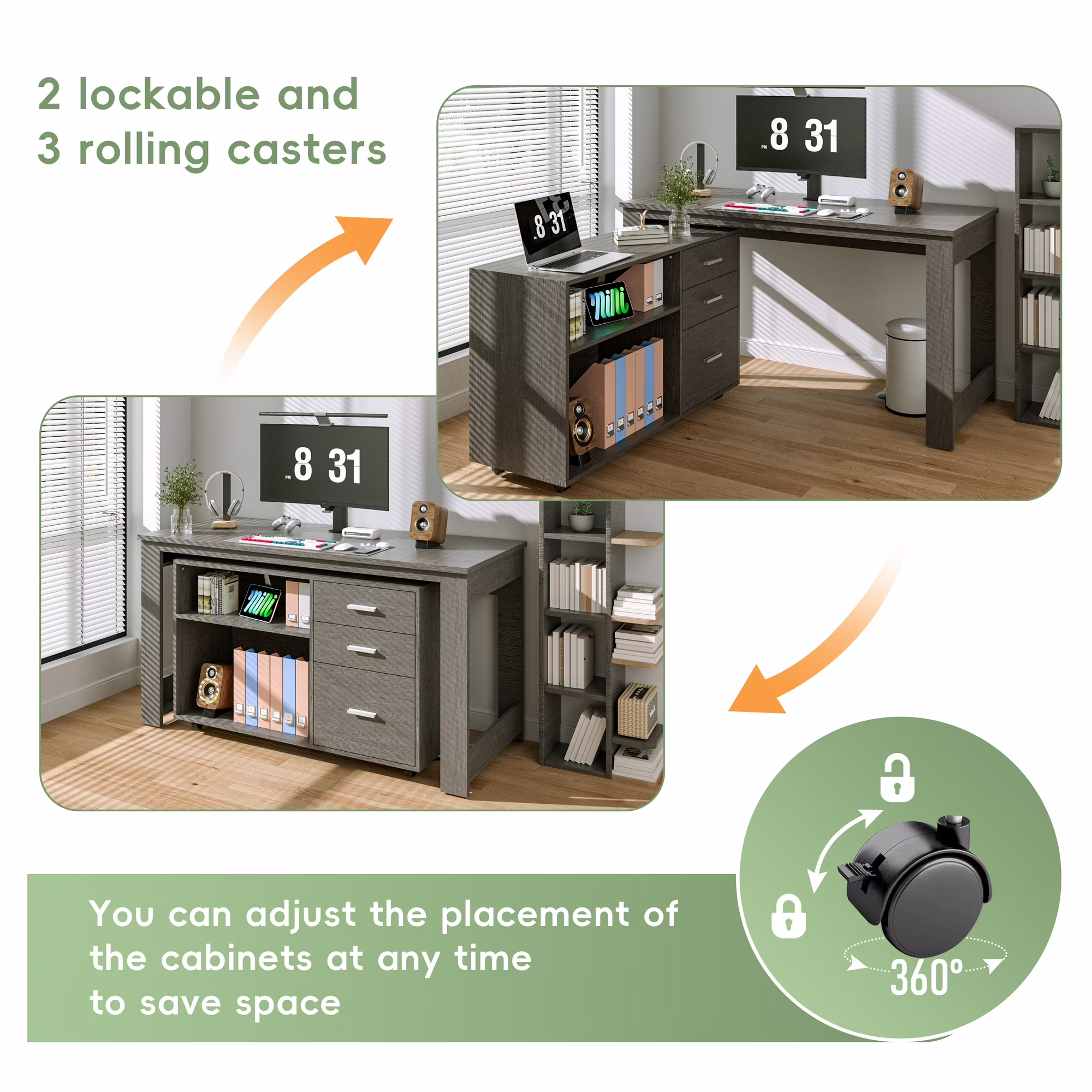 Joywind 55" L Shaped Corner Office Desk with File Cabinet & Wheels – 3 Drawers, 2 Shelves, Home Office Computer Desk with Storage, Gray