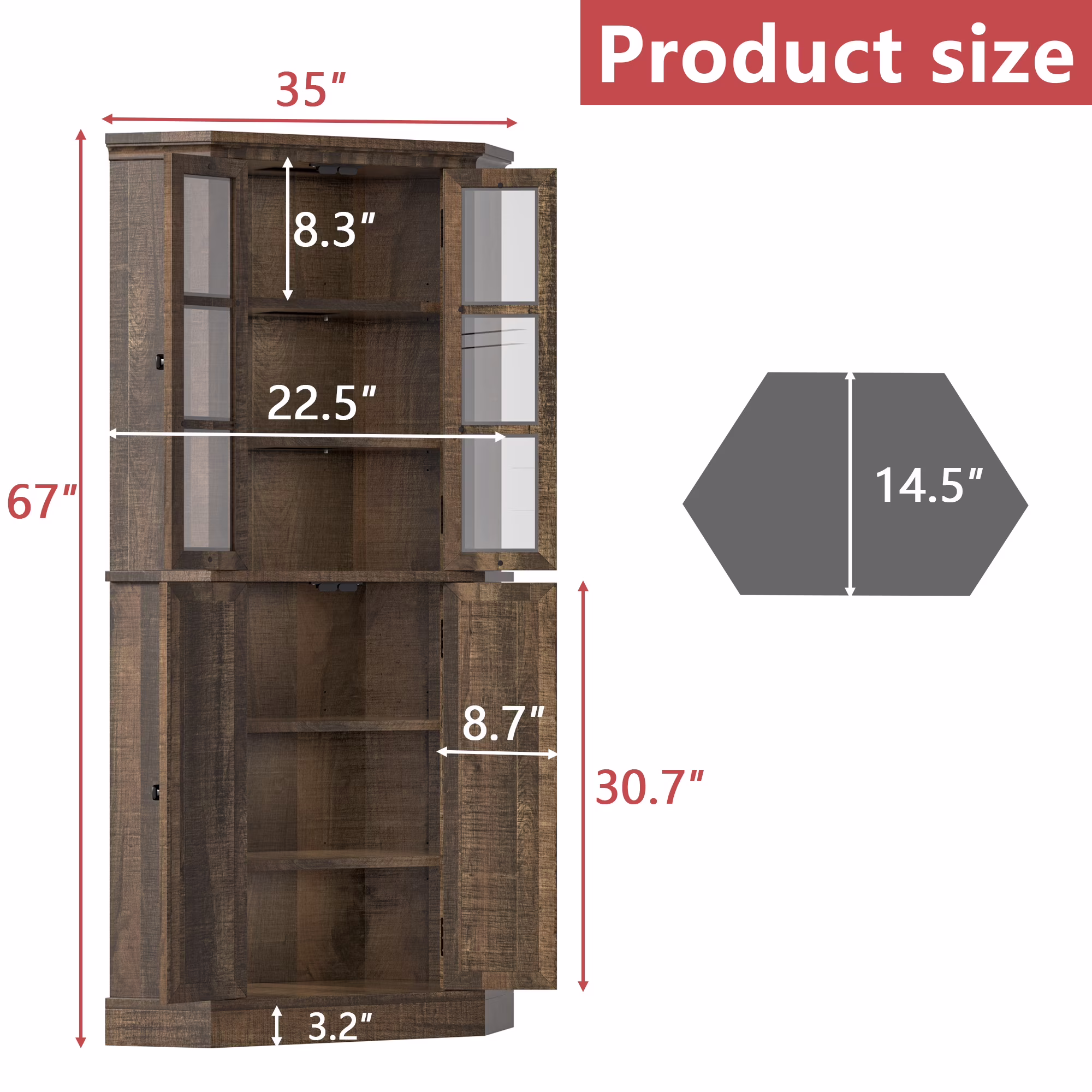 Joywind 67" Farmhouse Corner Cabinet with Doors, Tall Storage Cabinet with Adjustable Shelves for Kitchen, Dining & Living Room, Rustic Brown