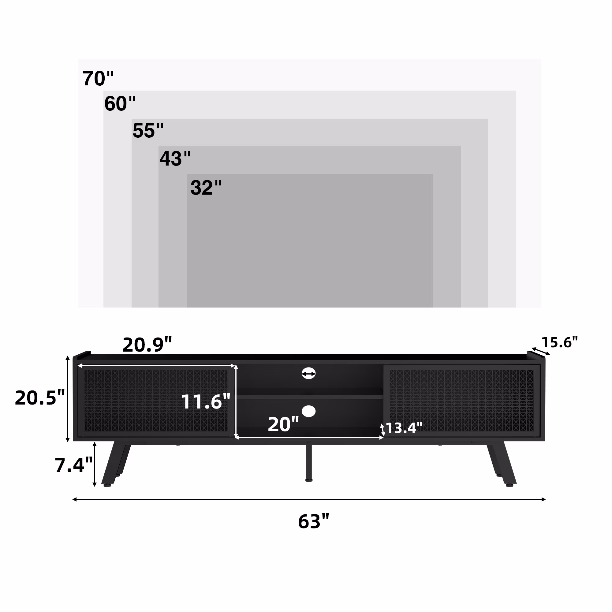 Joywind Modern TV Stand for TVs up to 70", Black Iron Rattan Entertainment Centre with Sliding Door, TV Console Table with Storage and Adjustable Shelves for Living Room, Bedroom