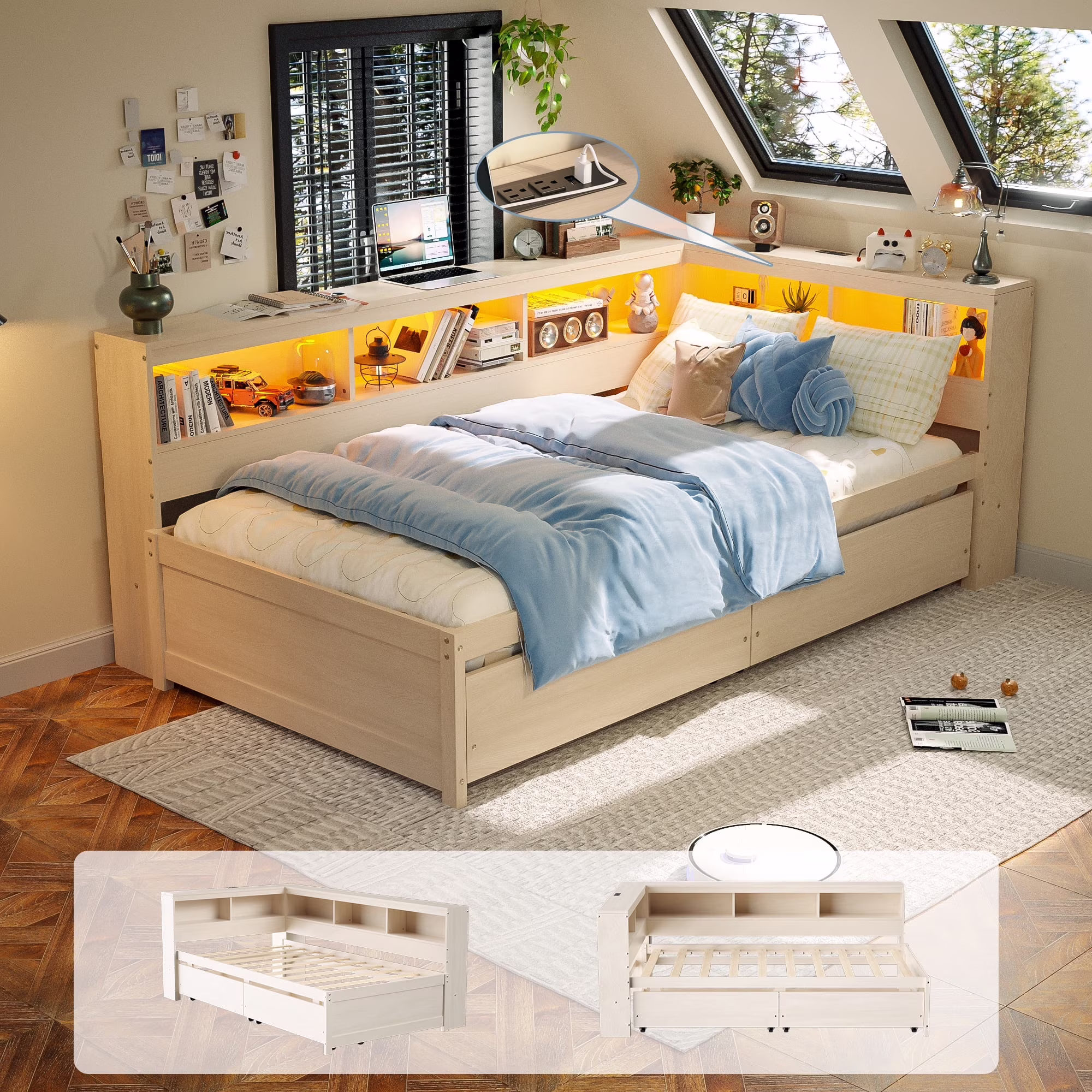 Joywind Twin Corner Bed Frame with Storage Drawers, Bookcase Headboard, Charging Station & LED Lights,White