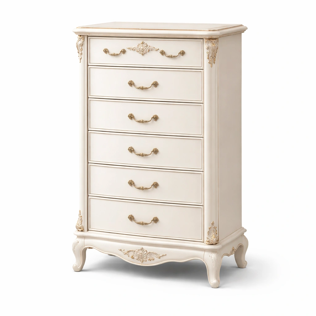 Kommode Massivholz Weiß mit 5 Schubladen und Zierelementen-HOMFLARE