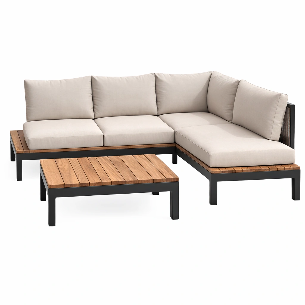 Loungeset Aluminium mit Teak und Polyesterkissen-NESTAMBIENCE