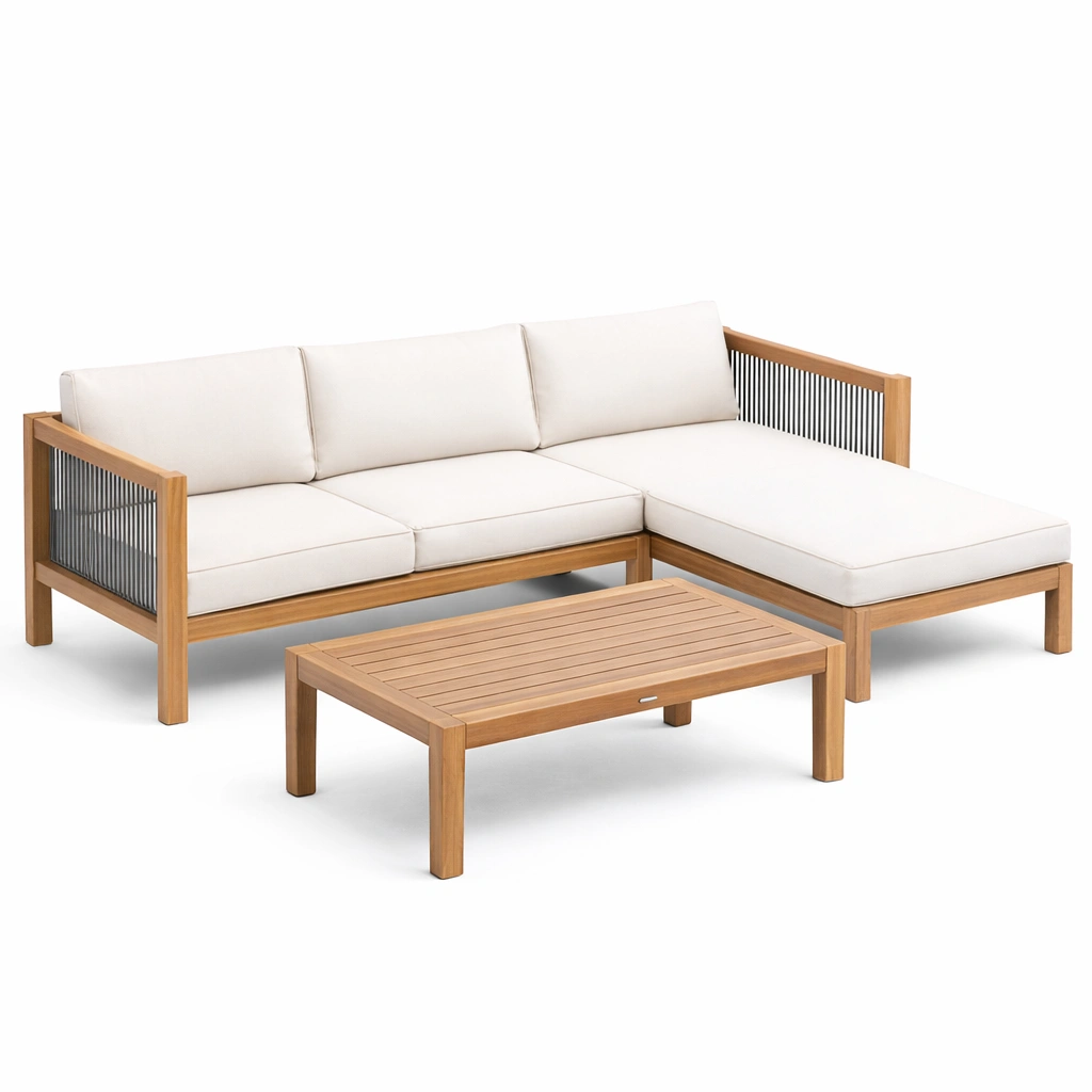 Loungeset Holz Ecksofa mit Tisch und Polyesterkissen Beige-NESTAMBIENCE