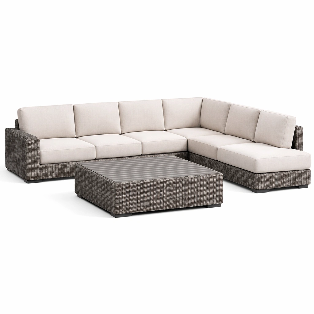 Loungeset Polyrattan Ecksofa mit Glastisch Beige Grau-NESTAMBIENCE