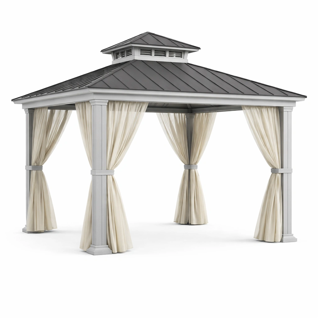 Pavillon Metall mit Stahldach und Polyester Vorhängen Grau Beige-NESTAMBIENCE