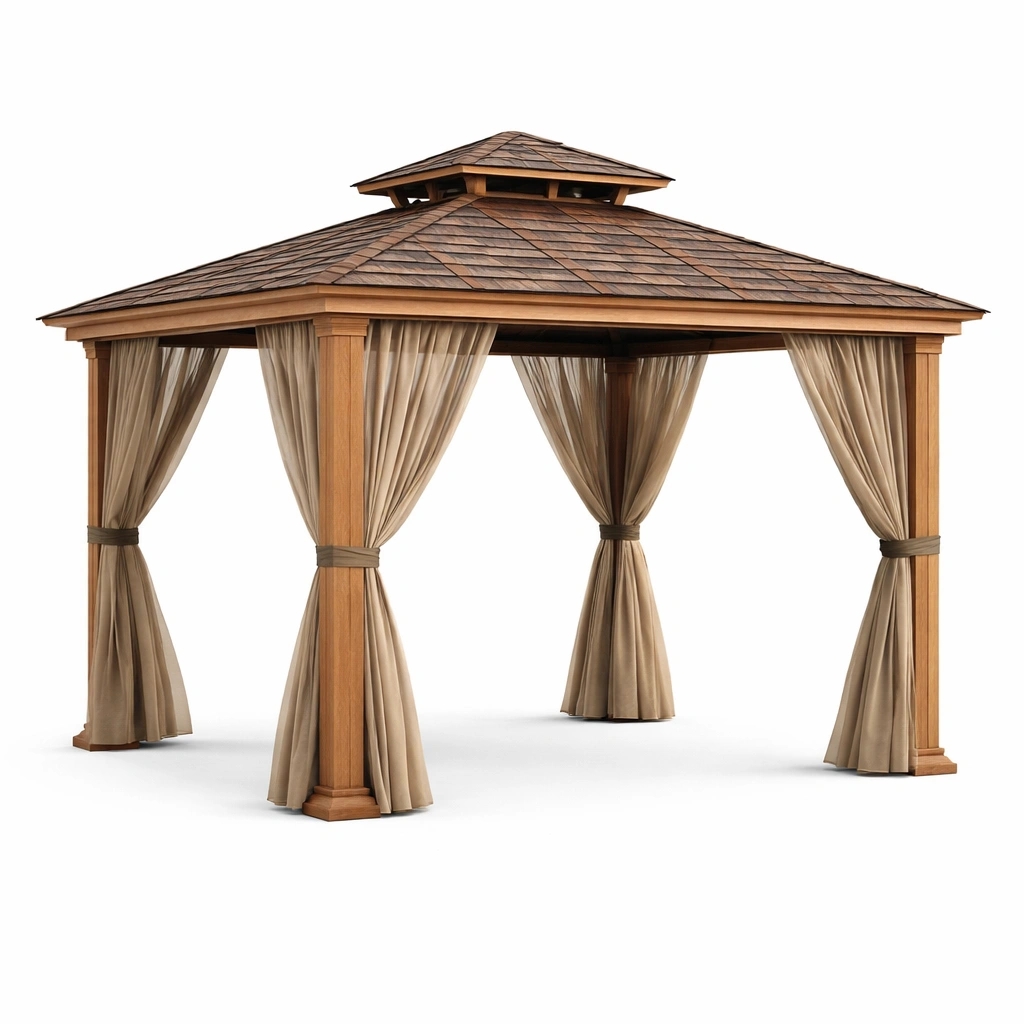 Pavillon Holz mit Polyester Vorhängen Braun-NESTAMBIENCE