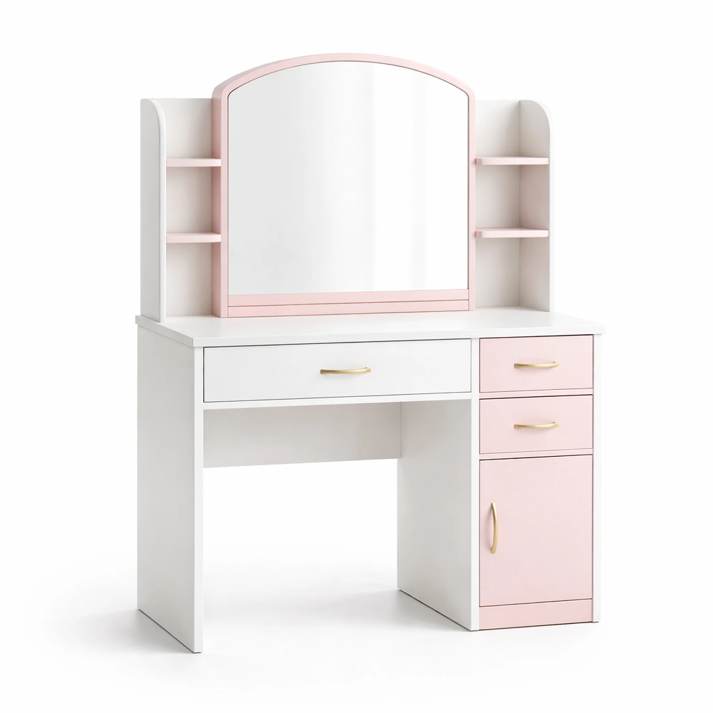 Schminktisch MDF Weiß Rosa mit Spiegel und Schubladen-NESTAMBIENCE