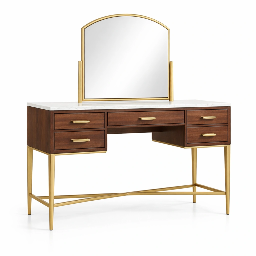 Schminktisch Holz Metall Marmor mit Spiegel 120x50x140 cm-NESTAMBIENCE