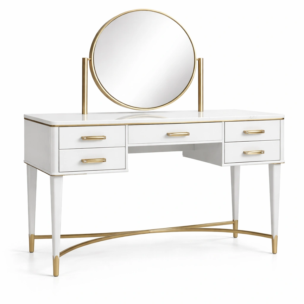Schminktisch Holz Metall Weiß Gold mit Rundspiegel und 4 Schubladen-NESTAMBIENCE
