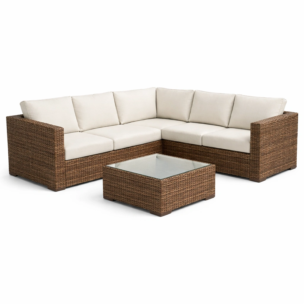 Loungeset Polyrattan Ecksofa mit Glastisch Beige Braun-NESTHARMONIC