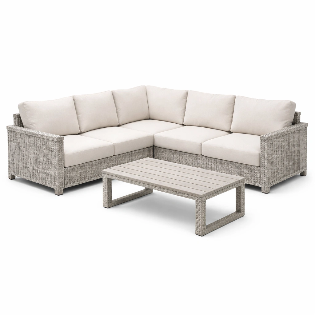 Loungeset Polyrattan Ecksofa mit Tisch Grau Beige-NESTHARMONIC