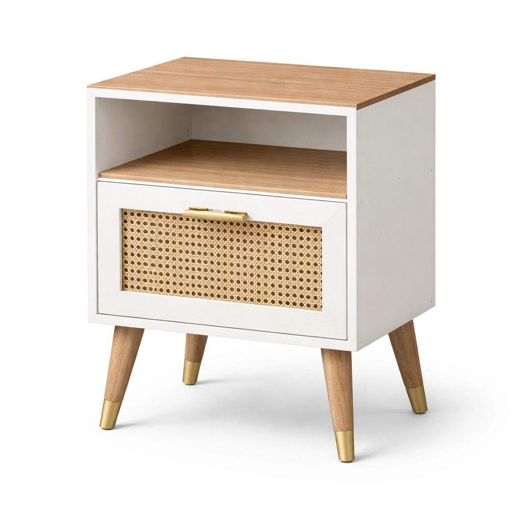 Nachttisch MDF Weiß Natur mit Rattanschublade 50x40x60 cm-NESTHARMONIC