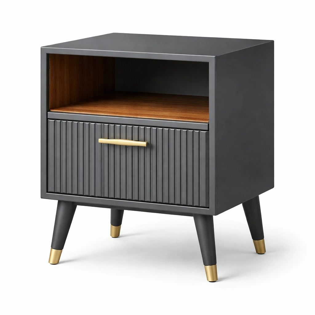 Nachttisch MDF mit Metallfüßen und Schublade Grau Holzoptik-NESTHARMONIC