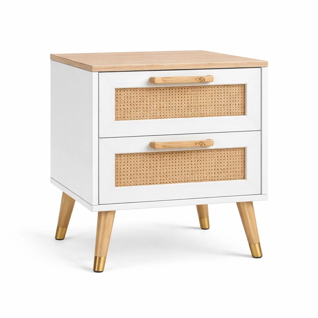 Nachttisch Holz Weiß Rattanoptik mit Metallenden-NESTHARMONIC