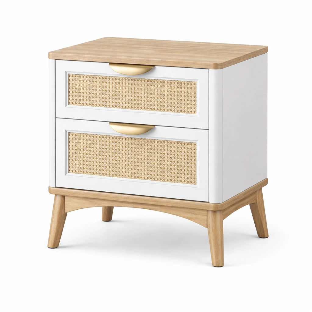 Nachttisch Holz MDF Weiß Rattan mit 2 Schubladen-NESTHARMONIC