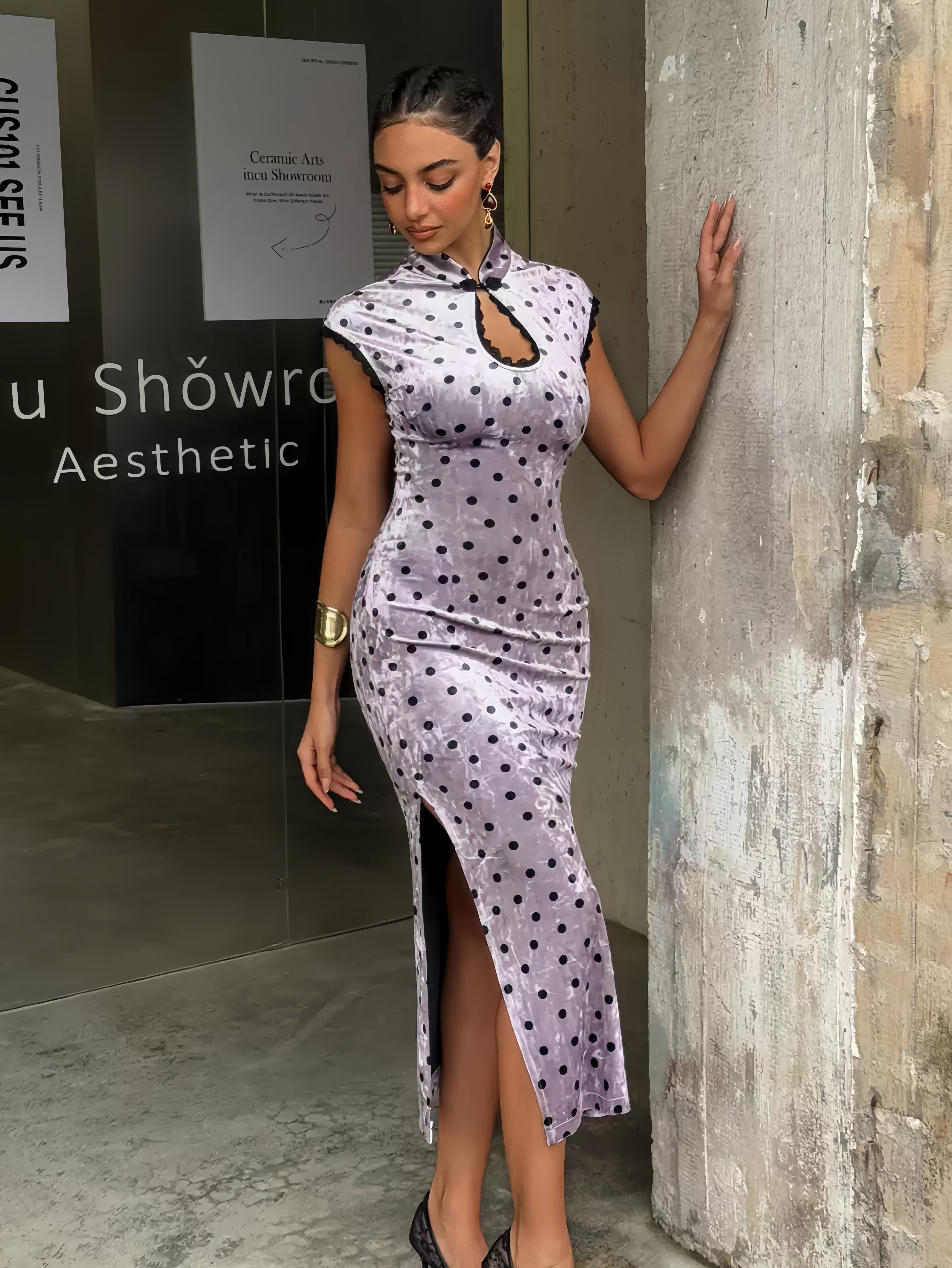 Backless Lace-Trimmed Velvet Polka Dot Qipao Dress
