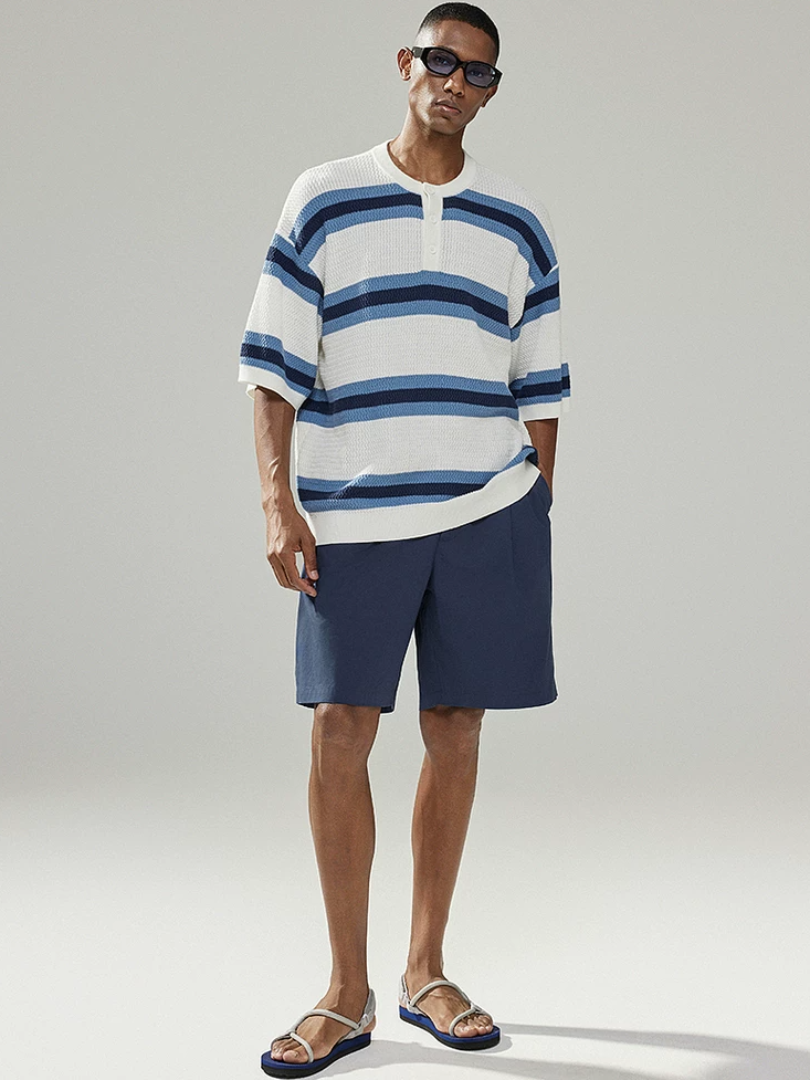 Blue and White Striped Henley T-Shirt