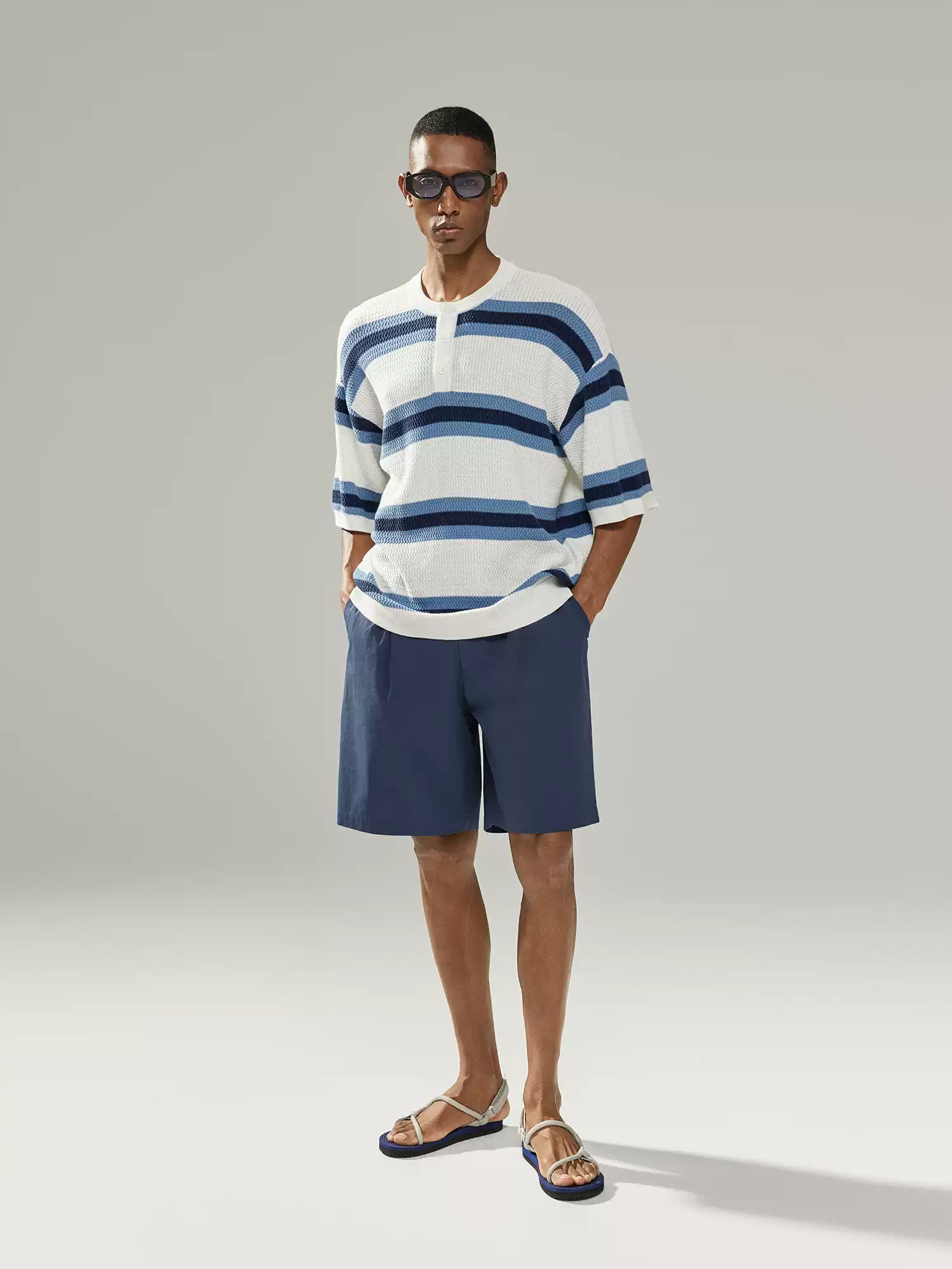 Blue and White Striped Henley T-Shirt