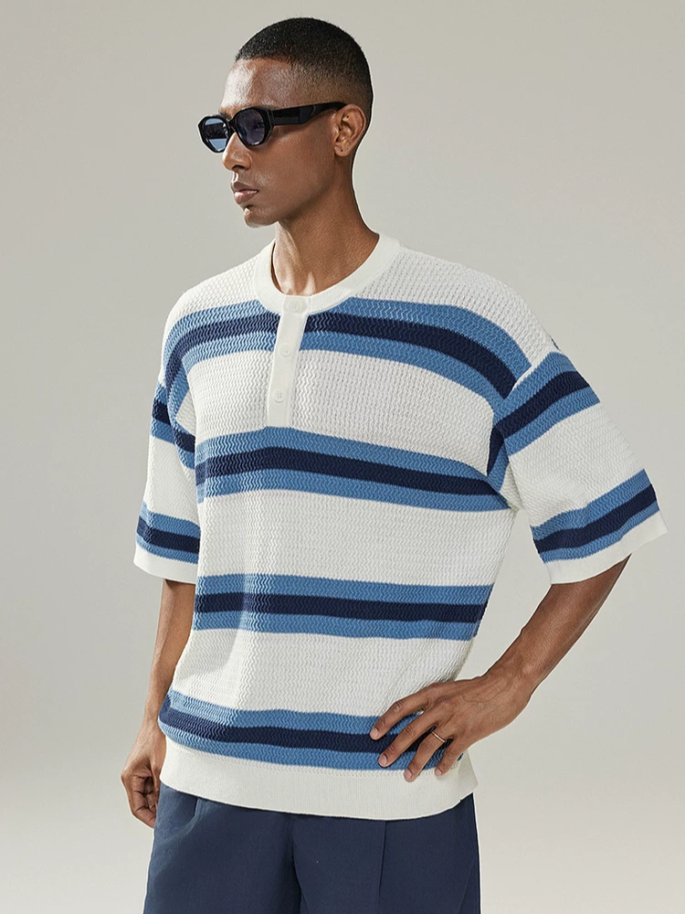 Blue and White Striped Henley T-Shirt