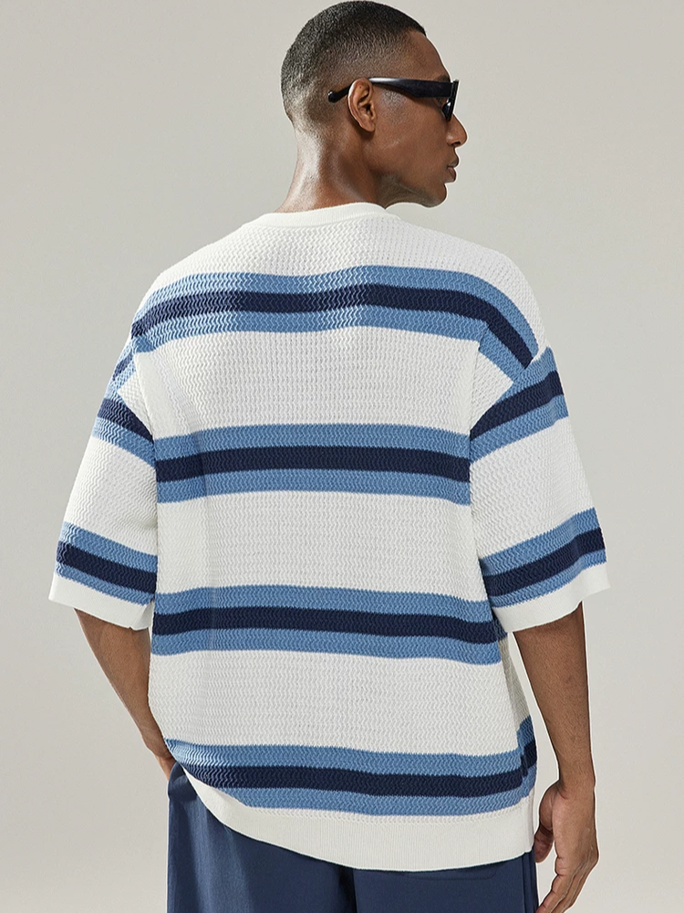 Blue and White Striped Henley T-Shirt