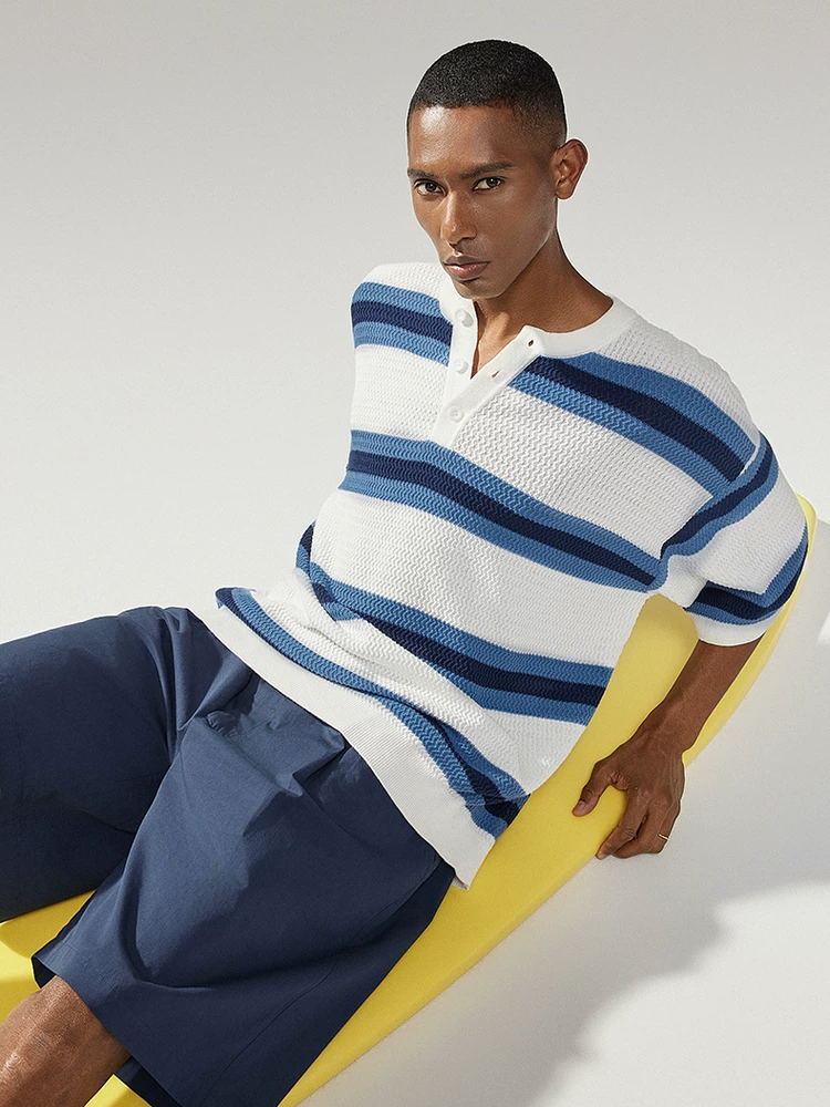 Blue and White Striped Henley T-Shirt