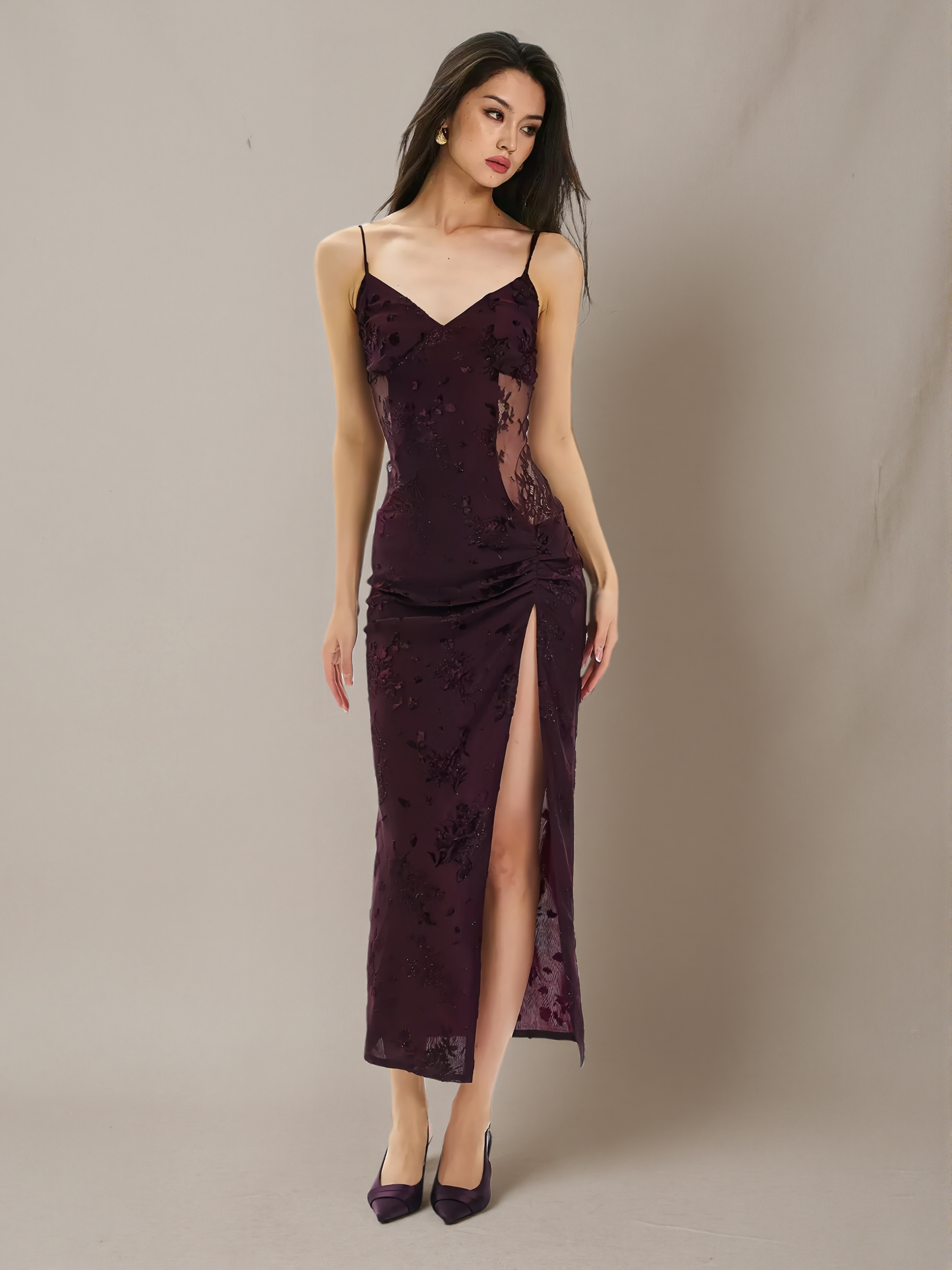 Lace-Panel Slit Cami Dress
